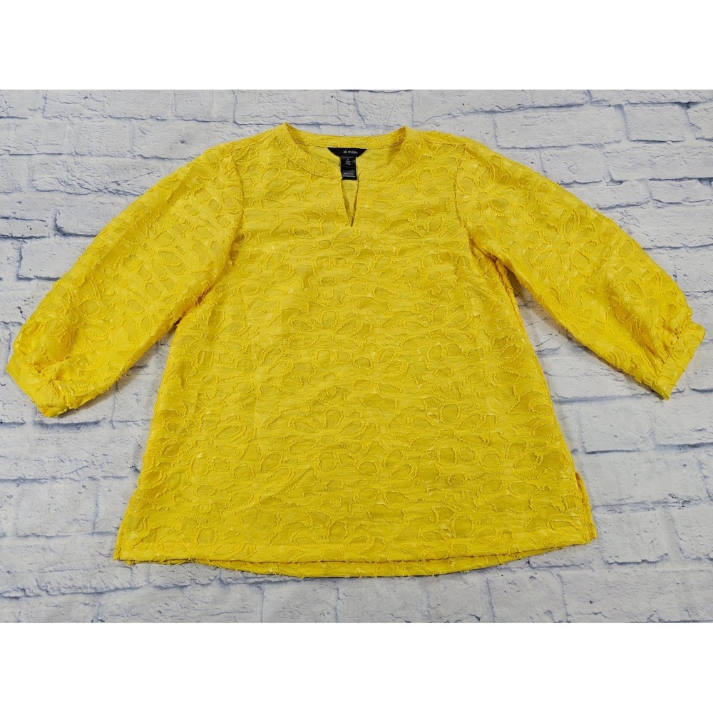 Ali Miles Tunic Top WOMENS S Yellow Floral Burnout Split Neck Balloon Sleeve